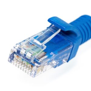 image of blue computer network ethernet cable isolated on white background. LAN cable.